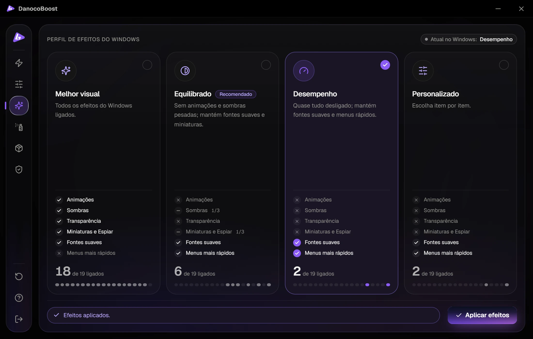 Perfis de efeitos visuais do Windows