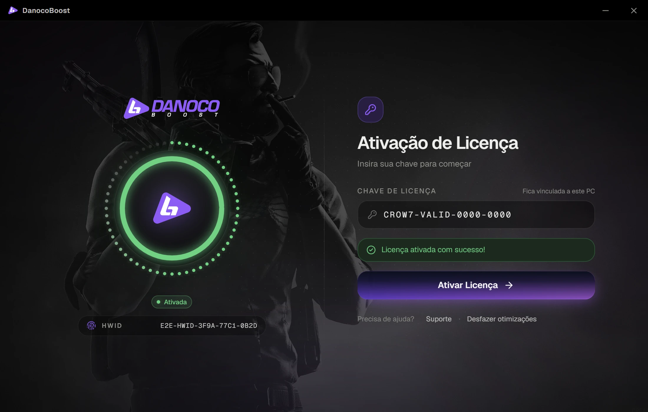 Tela de ativação com a mensagem Licença ativada com sucesso