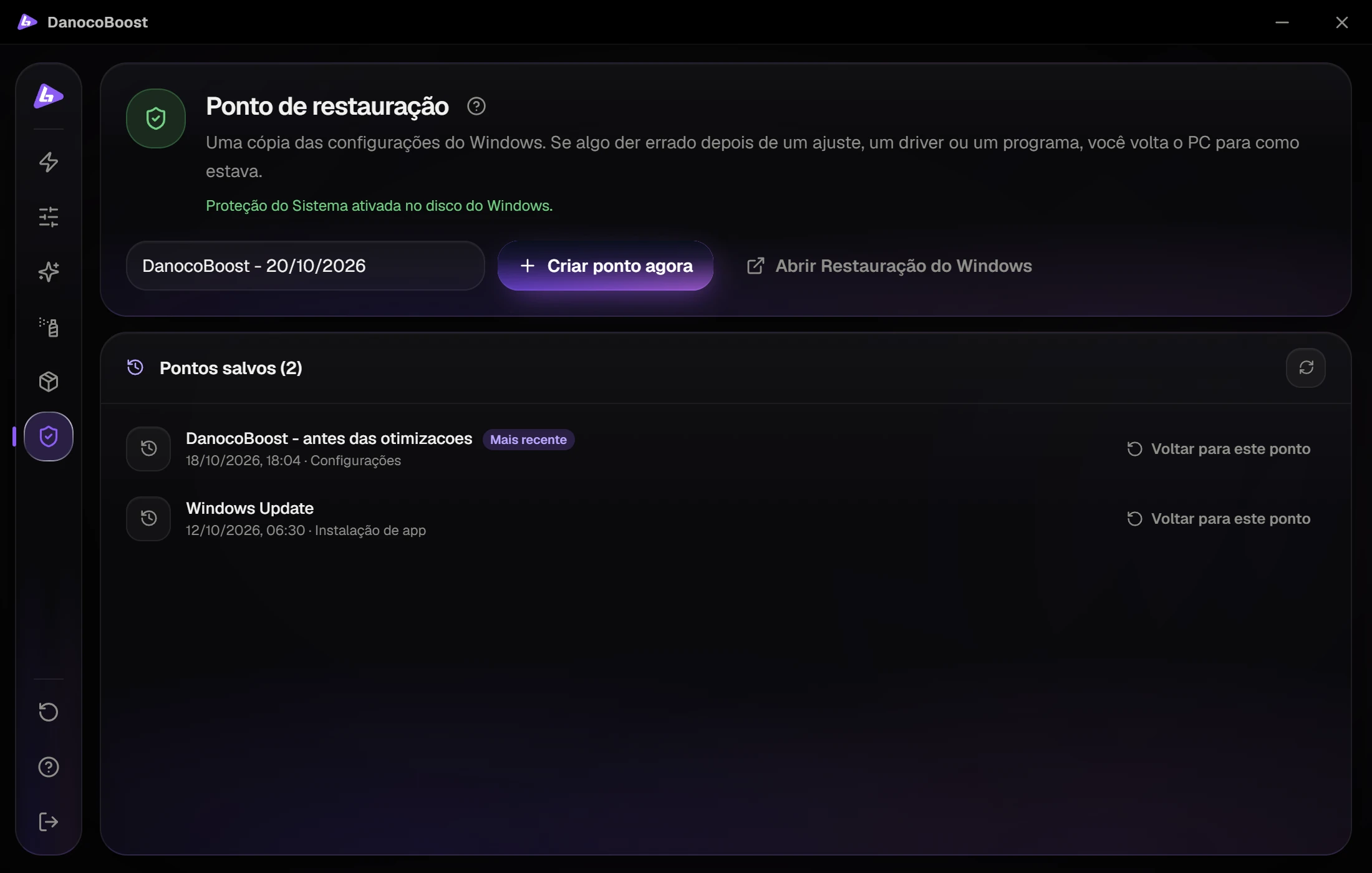 Lista de pontos de restauração do Windows